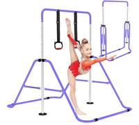 OZE SPORTS Kids Gymnastics Bar Kip Trainer with Rings - Adjustable Height, Sturdy & Safe Training Horizontal Bar for Home Practice, Foldable Gymnastics Equipment for Boys & Girls (Purple)