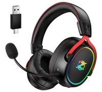 Ozeino 2.4GHz Wireless Gaming Headset for PC, PS4, PS5, Mac, USB & Type-C Dual Connectors Wireless Headset, Headset with Microphone with Noise Cancellation, 25H+ Battery Life - Black and Red