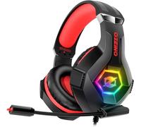Ozeino Gaming Headset for PC, PS4, PS5, Xbox Headset, Gaming Headphones with Noise Cancelling Flexible Mic Memory Earmuffs RGB Light for Phone, Switch, Mac -Red