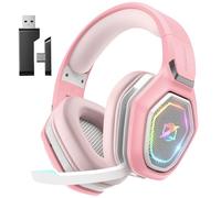 Ozeino Wireless Gaming Headset with Microphone, 2.4G & Type C Transmitter - 40h Battery Life - RGB Lighting Gaming Headphones for Ps5, Ps4, PC, Switch, Phone (Pink)