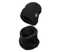 OZERO Thermal Beanie Hat and Scarf Set - Fleece Lined Knit Skull Cap and Neck Warmer Snood for Men Women, 2 Piece for Skiing Cycling Commuting, One Size 52-60cm,Black