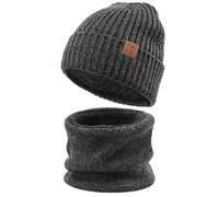 OZERO Thermal Beanie Hat and Scarf Set - Fleece Lined Knit Skull Cap and Neck Warmer Snood for Men Women, 2 Piece for Skiing Cycling Commuting, One Size 52-60cm,Grey