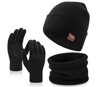 OZERO Winter Beanie Hat Scarf Gloves: Warm Knitted Beanie Scarf Gift Set Thermal Fleece Lined Mens Winter Hat Neck Warmer with Touchscreen Gloves for Men Women-Black, One Size