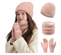 OZERO Winter Hat Scarf Gloves Set, Wool Fleece Knitted Beanie Hat Touch Screen Gloves Circle Scarves Warm Thermal Winter Gifts Set for Women/Ladies/Girl