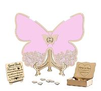 Ozinna Personalized Butterfly Wedding Guest Book Alternative, Rustic Wedding Guest Book for Reception Guests to Sign with Wooden Butterfly Border Sign in Book (#-7 Pink)