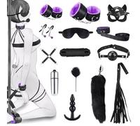 Oziral Bondage Set 15 Pieces Fox Face Restraint Set and Passion Beginner Bondage Set with Anal Plug Set Handcuffs, Bondage Belt Couple Sex Toy Bondage Belt etc. for Couple Extreme Sex Black Purple