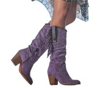 OZLCUA Women High Boots Trend Retro Metal Buckle Pointed Toe Thick Heel Tassle Western Cowboy Boots Female Shoes(Purple,40)