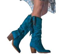 OZLCUA Women High Boots Trend Retro Metal Buckle Pointed Toe Thick Heel Tassle Western Cowboy Boots Female Shoes(Blue,36)