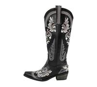 OZLCUA Women Pointed Toe Embroidered White Western Cowboy Boots Block Heel Pull-On Cowgirl Booties(Color2,10)