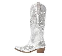 OZLCUA Women Pointed Toe Embroidered White Western Cowboy Boots Block Heel Pull-On Cowgirl Booties(Color1,10)