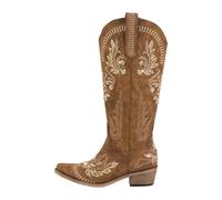 OZLCUA Women Pointed Toe Embroidered White Western Cowboy Boots Block Heel Pull-On Cowgirl Booties(Color3,7)