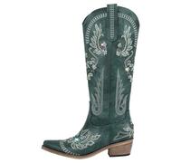 OZLCUA Women Pointed Toe Embroidered White Western Cowboy Boots Block Heel Pull-On Cowgirl Booties(Color4,5)