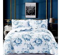 OZMIC Patchwork Quilt Bedspread Super King Size - 3 Pcs Box Pattern Thick Cotton Filling Bed Warmer Large Blanket Bed Spread With Quilt Fabric 2 Pillowcase - Vintage Floral Blue