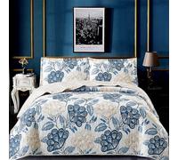 OZMIC Patchwork Quilt Bedspread Super King Size Bed - 3 Pcs Box Pattern Thick Cotton Filling Bed Warmer Large Blanket Bed Spread With Quilt Fabric 2 Pillowcase - Bloom Blue
