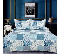 OZMIC Patchwork Quilt Bedspreads King Size Bedding - 3Piece Box Pattern Thick Cotton Filling Decorative Stitch Blanket Bed Throw With 2 Matching Pillow Cover Set - ICE BLUE FLORAL- Des 6