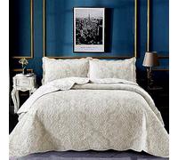 OZMIC Quilted Bedspreads Patchwork Throw - Box Pattern Cotton Filling Vintage Bedding Double Bed Bedspread - Hypoallergenic Quilt Coverlets 3PCS Warm Bedding with Pillow Shams - Damask Beige