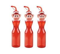 Ozmoint 3 Pack CLEAR RED PLASTIC BOTTLE WITH ELF HEAD ON TOP & FLEXI STRAW - 450ml | Reusable Christmas Elf Bottles for Kids, Fun and Festive Design