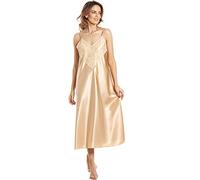 Ozmoint English Made Satin Strap Long Nightdress with Deep Lace Detail by Lady Olga (N50) (14-16, GOLD)