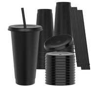 OZMOJOO 710 ml Plastic Cups with Lids and Straws, Sturdy & Food-Safe Iced Coffee Cups with Lid, Plastic Tumbler Reusable, Drinking Cups for Cold Drinks, Milkshakes, Smoothies - Black(12 Sets)