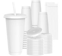 OZMOJOO 710 ml Plastic Cups with Lids and Straws, Sturdy & Food-Safe Iced Coffee Cups with Lid, Plastic Tumbler Reusable, Drinking Cups for Cold Drinks, Milkshakes, Smoothies - White(24 Sets)