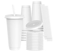 OZMOJOO 710 ml Plastic Cups with Lids and Straws, Sturdy & Food-Safe Iced Coffee Cups with Lid, Plastic Tumbler Reusable, Drinking Cups for Cold Drinks, Milkshakes, Smoothies - White(12 Sets)