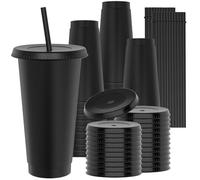 OZMOJOO 710 ml Plastic Cups with Lids and Straws, Sturdy & Food-Safe Iced Coffee Cups with Lid, Plastic Tumbler Reusable, Drinking Cups for Cold Drinks, Milkshakes, Smoothies - Black(24 Sets)