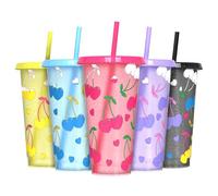 OZMOJOO Color Changing Cups, Plastic Tumblers with Lids and Straws, Reusable Plastic Cups - BPA-Free, Sturdy & Food Safe, Perfect for Iced Coffee, Milkshakes & Smoothies, 5 Pack - Glitter Cherry