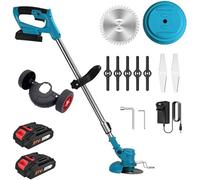 OZPPM Cordless Strimmer,Telescopic Lightweight Grass Trimmer with 8xMetal Blades & 2x2000mAh Batteries,Fast Charger, Electric Garden Strimmer Grass Cutter for Lawn Edger Pruning Weed,Blue