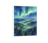 OZPWBVY Aurora Borealis Canvas Print Wall Art Picture-Green Forest 5 Northern Lights Landscape Painting for Home Decor 35x46in90x117cm White Frame