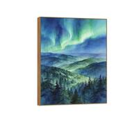 OZPWBVY Aurora Borealis Canvas Print Wall Art Picture-Green Forest 5 Northern Lights Landscape Painting for Home Decor 24x31in60x80cm Wood Frame