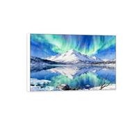 OZPWBVY Aurora Borealis Canvas Print Wall Art Picture-Green Mountain 2 Northern Lights Landscape Painting for Home Decor 16x24in40x60cm White Frame