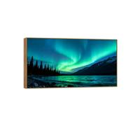 OZPWBVY Aurora Borealis Canvas Print Wall Art Picture-Green Tree Sea 3 Northern Lights Landscape Painting for Home Decor 12x21in30x55cm Wood Frame