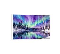 OZPWBVY Aurora Borealis Canvas Print Wall Art Picture-Purple Green River Northern Lights Landscape Painting for Home Decor 27x41in70x105cm White Frame