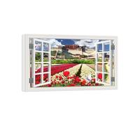OZPWBVY Fake Window Landscape Canvas Prints-Flowers Field Palace-Modern Wall Art Picture-Nature Painting for Home Ready to Hang 20x30cm8x12in Wrapped Canvas
