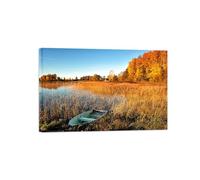 OZPWBVY Landscape Canvas Prints Painting-Autumn Tree Lake Boat-Nature Wall Art Picture-Poster for Living Room Decor Ready to Hang 20x30cm8x12in Wrapped Canvas