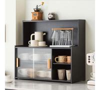 OZTYSGXM Kitchen Coffee Cup Display Rack with Sliding Glass Doors, 3 Tiers Countertop Storage Cabinet Bamboo Food Pantry Spice Rack for Dinning Living Room