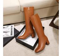 OZTYSGXM Side Zipper High Boots, Autumn Winter Warm Knee High Riding Boots High-Heeled Square-Toed Equestrian Shoes Lady Big Size Knight Equestrian Boots,43, brown
