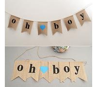 OZXCHIXU "oh boy" Burlap Banner with Blue Love Hearts Bunting Hanging Flags for Birthday Baby Shower Party Props (1pcs)