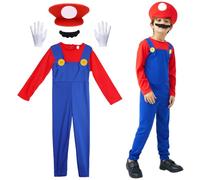 OZXVXZO Super Bros Costume, Carnival Halloween Costume, Boy Girl Kids Super Brothers Plumber Fancy Dress Outfit Include Jumpsuit, Hat, Gloves, and Moustache - M/120