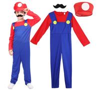 OZXVXZO Super Costume Kids, Brothers Cosplay Costume Fancy Dress Outfit Carnival Costume with Bodysuit, Cap and Beard Halloween Carnival Cosplay Costume for Boy Girl Kids Red (L)