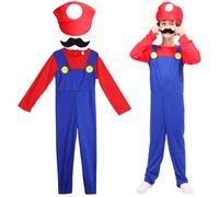 OZXVXZO Super Costume Kids, Brothers Cosplay Costume Fancy Dress Outfit Carnival Costume with Bodysuit, Cap and Beard Halloween Carnival Cosplay Costume for Boy Girl Kids Red (XL)