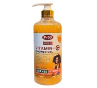 P+50 Gold Vitamin C Brightening & Exfoliating Shower Gel 1000ml - With Alpha Hydroxy Acid AHA - Radiance Boosting Body Wash for Smoother, Even Looking Skin