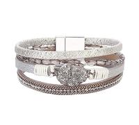 P Ammy Fashion® Bohemian Leather Wrap Bracelets Crystal Cuff Stackable Boho Bangles Double-Wrap with Magnetic Clasp, M, Faux Leather, no gemstone