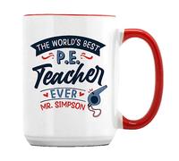P.E. Teacher Gift, Personalised The Worlds Best P.E. Teacher Gift, Coffee, Tea Mug, Ceramic 15oz Mug. (Red Inside)