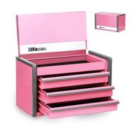 P.I.T. Mini Pink Tool Box, Portable 3 Drawer Steel Tool Box with Magnetic Tab Locking, Pink Micro Top Chest with Liner for Tools Storage, Home DIY