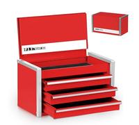 P.I.T. Mini Red Tool Box, Portable 3 Drawer Steel Tool Box with Magnetic Tab Locking, Red Micro Top Chest with Liner for Tools Storage, Home DIY