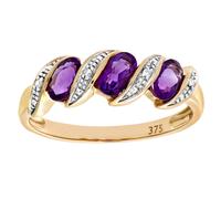 (P) Jewelco London 9ct Gold Round 2pts Diamond Oval 0.59ct Amethyst Wavy Ribbon Pod Trilogy Cocktail Ring 2mm - PR0AXL6270YAM