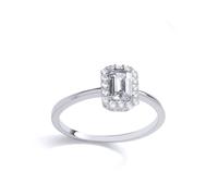 (P) Jewelco London Ladies Rhodium Plated Sterling Silver Emerald CZ Rectangular Halo Solitaire Engagement Ring - GVR904
