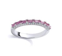 (P) Jewelco London Ladies Rhodium Plated Sterling Silver Red Baguette CZ Horizontal Half Eternity Dress Ring - GSR1026