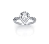 (P) Jewelco London Ladies Rhodium Plated Sterling Silver Round & Pear CZ Shoulder-set Halo Solitaire Engagement Ring - ARN134